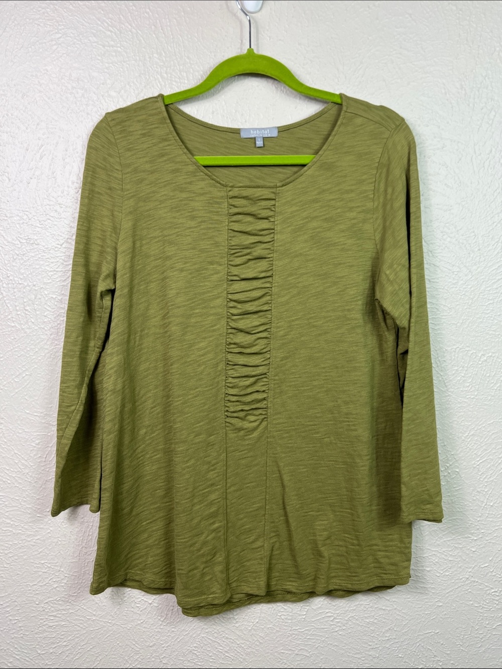 Habitat Olive Green 3/4 Sleeve Ruched Front Top Small